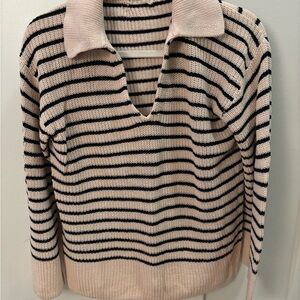 J. Crew Tan and Black Striped V Neck Pullover Sweater